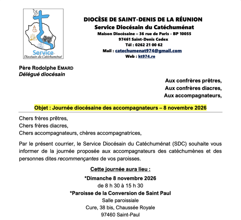 Courrier du Service Diocésain du Catéchuménat annonçant la journée diocésaine des accompagnateurs du 8 novembre 2026 à Saint-Paul